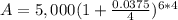 A=5,000(1+\frac{0.0375}{4})^{6*4}