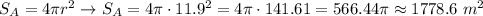 S_A=4\pi r^2\to S_A=4\pi\cdot11.9^2=4\pi\cdot141.61=566.44\pi\approx1778.6\ m^2
