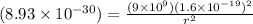 (8.93 \times 10^{-30}) = \frac{(9\times 10^9)(1.6 \times 10^{-19})^2}{r^2}