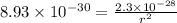 8.93 \times 10^{-30} = \frac{2.3 \times 10^{-28}}{r^2}