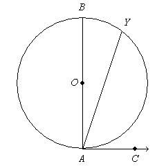 Ac is tangent to circle o at a. if mby= 64 degrees, what is myac?
