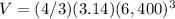 V=(4/3)(3.14) (6,400)^{3}