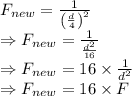 F_{new}=\frac{1}{\left (\frac{d}{4}\right )^2}\\\Rightarrow F_{new}=\frac{1}{\frac{d^2}{16}}\\\Rightarrow F_{new}={16}\times \frac{1}{d^2}\\\Rightarrow F_{new}=16\times F