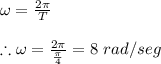 \omega=\frac{2 \pi}{T} \\ \\ \therefore \omega=\frac{2 \pi}{\frac{\pi}{4}}=8 \ rad/seg