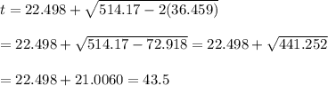 t=22.498+\sqrt{514.17-2(36.459)} \\  \\ =22.498+\sqrt{514.17-72.918}=22.498+\sqrt{441.252} \\  \\ =22.498+21.0060=43.5