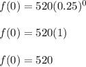 f(0)=520(0.25)^{0}  \\  \\ &#10;f(0)=520(1) \\  \\ &#10;f(0)=520