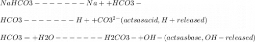 NaHCO3 ------- Na+ + HCO3-\\\\HCO3- ------ H+ + CO3^{2-}  (acts as acid, H+ released)\\\\HCO3= + H2O ------- H2CO3- + OH- (acts as base, OH- released)\\\\