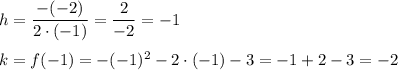 h=\dfrac{-(-2)}{2\cdot(-1)}=\dfrac{2}{-2}=-1\\\\k=f(-1)=-(-1)^2-2\cdot(-1)-3=-1+2-3=-2