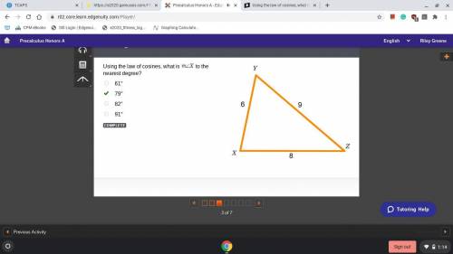 Using the law of cosines, what is m< x 61, 79, 82, 91