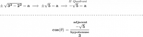 \bf \pm\sqrt{3^2-2^2}=a\implies \pm\sqrt{5}=a\implies \stackrel{\textit{II Quadrant}}{-\sqrt{5}=a} \\\\[-0.35em] ~\dotfill\\\\ ~\hfill cos(\theta )=\cfrac{\stackrel{adjacent}{-\sqrt{5}}}{\stackrel{hypotenuse}{3}}~\hfill