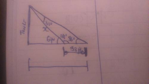 Aguy wire to a tower makes a 67° angle with level ground. at a point 33 ft farther from the tower th