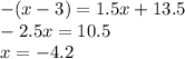 - (x - 3) = 1.5x + 13.5 \\  - 2.5x = 10.5 \\ x =  - 4.2