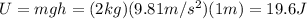U=mgh=(2 kg)(9.81 m/s^2)(1 m)=19.6 J