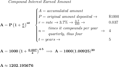 \bf ~~~~~~ \textit{Compound Interest Earned Amount}&#10;\\\\&#10;A=P\left(1+\frac{r}{n}\right)^{nt}&#10;\quad &#10;\begin{cases}&#10;A=\textit{accumulated amount}\\&#10;P=\textit{original amount deposited}\to &\$1000\\&#10;r=rate\to 3.7\%\to \frac{3.7}{100}\to &0.037\\&#10;n=&#10;\begin{array}{llll}&#10;\textit{times it compounds per year}\\&#10;\textit{quarterly, thus four}&#10;\end{array}\to &4\\&#10;t=years\to &5&#10;\end{cases}&#10;\\\\\\&#10;A=1000\left(1+\frac{0.037}{4}\right)^{4\cdot 5}\implies A=1000(1.00925)^{20}\\\\\\ A \approx 1202.195676