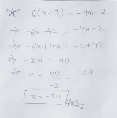 How many solutions does the following equation have?  -6(x+7)=-4x -2
