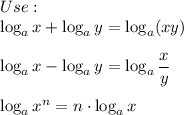 Use:\\\log_ax+\log_ay=\log_a(xy)\\\\\log_ax-\log_ay=\log_a\dfrac{x}{y}\\\\\log_ax^n=n\cdot\log_ax