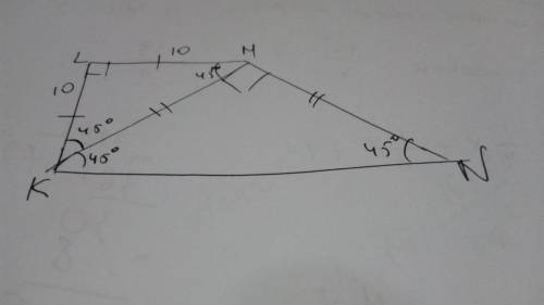 Iven:  klmn is a trapezoid m∠k = 90°, m∠n = 45° lk = lm = 10 find:  kn, area of klmn