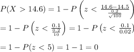 P(X\ \textgreater \ 14.6)=1-P\left(z\ \textless \  \frac{14.6-14.5}{\frac{0.2}{\sqrt{100}}} \right) \\  \\ =1-P\left(z\ \textless \  \frac{0.1}{\frac{0.2}{10}} \right)=1-P\left(z\ \textless \  \frac{0.1}{0.02} \right) \\  \\ =1-P(z\ \textless \ 5)=1-1=0