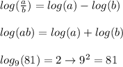 log(\frac{a}{b}) = log(a) - log(b) \\  \\ log(ab) = log(a) + log(b) \\  \\ log_9 (81) = 2 \rightarrow 9^2 = 81
