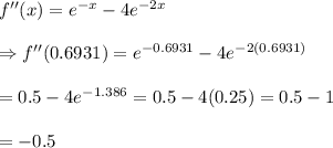 f''(x)=e^{-x}-4e^{-2x} \\ \\ \Rightarrow f''(0.6931)=e^{-0.6931}-4e^{-2(0.6931)} \\  \\ =0.5-4e^{-1.386}=0.5-4(0.25)=0.5-1 \\  \\ =-0.5