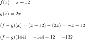 f(x)=x+12\\\\g(x)=2x\\\\(f-g)(x)=(x+12)-(2x)=-x+12\\\\(f-g)(144)=-144+12=-132
