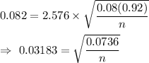 0.082=2.576\times\sqrt{\dfrac{0.08(0.92)}{n}}\\\\\Rightarrow\ 0.03183=\sqrt{\dfrac{0.0736}{n}}
