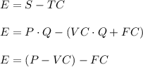 E=S-TC\\\\E=P\cdot Q-(VC\cdot Q+FC)\\\\E=(P-VC)-FC