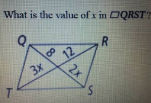What is the value of x in qrst?  a. 16 b. 12 c. 8 d. 4