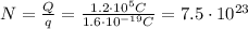 N= \frac{Q}{q}= \frac{1.2 \cdot 10^5 C}{1.6 \cdot 10^{-19}C}=7.5 \cdot 10^{23}
