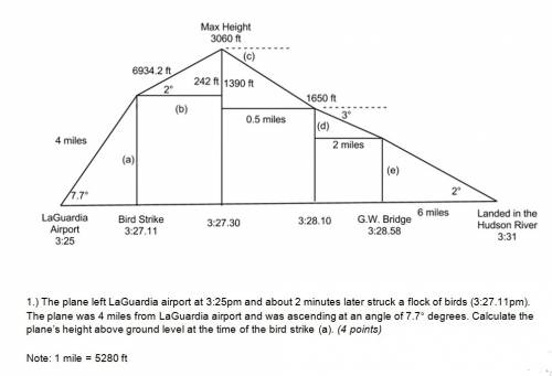 The plane was 4 miles from laguardia airport and was ascending at an angle of 7.7 degrees. calculate