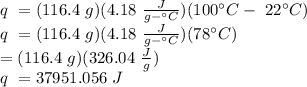 q \ = (116.4 \ g) (4.18 \ \frac{J}{g -\°C})(100 \°C - \ 22\°C)\\q \ = (116.4 \ g) (4.18 \ \frac{J}{g -\°C})(78\°C)\\\q \ = (116.4 \ g) (326.04 \ \frac{J}{g})\\q \ = 37951.056 \ J