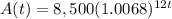 A(t)=8,500(1.0068)^{12t}