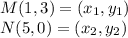 M(1, 3) = (x_1, y_1)\\N(5, 0) = (x_2, y_2)