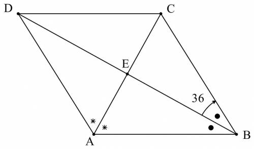 Parallelogram abcd is a rhombus with m∠ebc=36°. rhombus abcd. point e is at the intersection of the