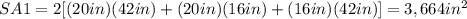 SA1=2[(20in)(42in)+(20in)(16in)+(16in)(42in)]=3,664in^{2