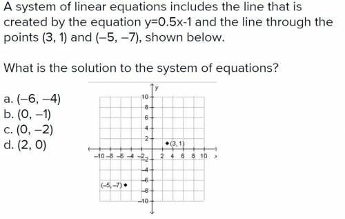Asystem of linear equations include the line that is created by the equation y=0.5x-1 and the lineth