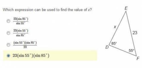Which expression can be used to find the value of x?  23(sin55°)(sin85°) 23(sin85°)sin55° (sin55°)(s