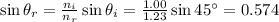 \sin \theta_r =  \frac{n_i}{n_r}  \sin \theta_i = \frac{1.00}{1.23} \sin 45^{\circ}=0.574