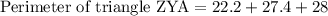 \text{Perimeter of triangle ZYA}=22.2+27.4+28