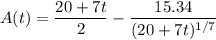A(t)=\dfrac{20+7t}2-\dfrac{15.34}{(20+7t)^{1/7}}