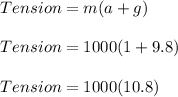Tension = m(a+g)\\\\Tension = 1000(1+9.8)\\\\Tension = 1000(10.8)