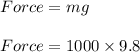 Force = mg\\\\Force = 1000 \times 9.8