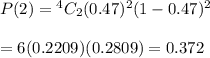 P(2)={ ^4C_2(0.47)^2(1-0.47)^2} \\  \\ =6(0.2209)(0.2809)=0.372