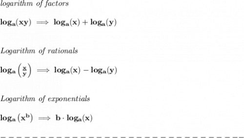 \bf \textit{logarithm of factors}\\\\&#10;log_{{  a}}(xy)\implies log_{{  a}}(x)+log_{{  a}}(y)&#10;\\\\\\&#10;\textit{Logarithm of rationals}\\\\&#10;log_{{  a}}\left(  \frac{x}{y}\right)\implies log_{{  a}}(x)-log_{{  a}}(y)&#10;\\\\\\&#10;\textit{Logarithm of exponentials}\\\\&#10;log_{{  a}}\left( x^{{  b}} \right)\implies {{  b}}\cdot  log_{{  a}}(x)\\\\&#10;-------------------------------
