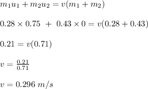 m_1 u_1 + m_2u_2 = v(m_1 + m_2)\\\\0.28\times 0.75 \ + \ 0.43\times 0= v(0.28 + 0.43)\\\\0.21 = v(0.71)\\\\v = \frac{0.21}{0.71} \\\\v = 0.296 \ m/s