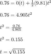 0.76 = 0(t) + \frac{1}{2} (9.81)t^2\\\\0.76 = 4.905t^2\\\\t^2 = \frac{0.76}{4.905}\\\\t^2 = 0.155\\\\t = \sqrt{0.155}