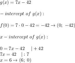 g(x)=7x-42\\\\\y-intercept\ of\ g(x):\\\\f(0)=7\cdot0-42=-42\to(0;\ -42)\\\\x-intercept\ of\ g(x):\\\\0=7x-42\ \ \ \ |+42\\7x=42\ \ \ |:7\\x=6\to(6;\ 0)