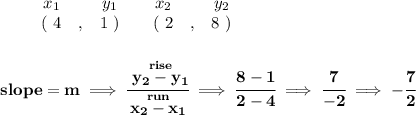 \bf \begin{array}{ccccccccc}&#10;&&x_1&&y_1&&x_2&&y_2\\&#10;%  (a,b)&#10;&&(~ 4 &,& 1~) &#10;%  (c,d)&#10;&&(~ 2 &,& 8~)&#10;\end{array}&#10;\\\\\\&#10;% slope  = m&#10;slope =  m\implies &#10;\cfrac{\stackrel{rise}{ y_2- y_1}}{\stackrel{run}{ x_2- x_1}}\implies \cfrac{8-1}{2-4}\implies \cfrac{7}{-2}\implies -\cfrac{7}{2}