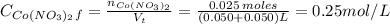 C_{Co(NO_{3})_{2}}_{f} = \frac{n_{Co(NO_{3})_{2}}}{V_{t}} = \frac{0.025\: moles}{(0.050 + 0.050) L} = 0.25 mol/L