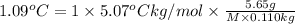 1.09^oC=1\times 5.07^oC kg/mol\times \frac{5.65 g}{M\times 0.110 kg}